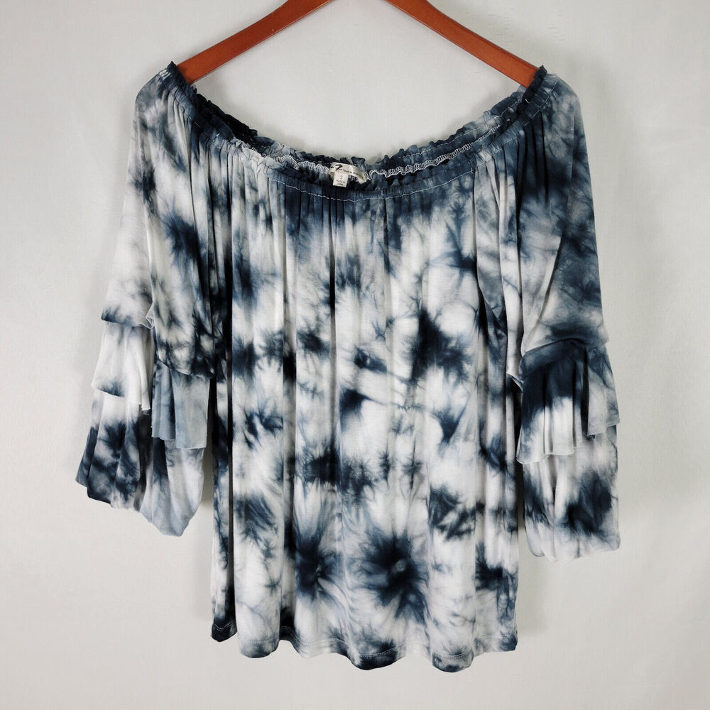 Seven 7 Shirt Womens Small Tie Dye Boho Top Long Layer Sleeve‎ Pleated Boat Neck